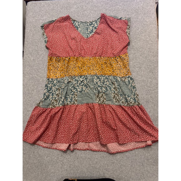 She and Sky Dresses & Skirts - Mixed Print Patchwork Tiered Mini Dress V-Neck Cap Sleeve Terracotta CottagecorE